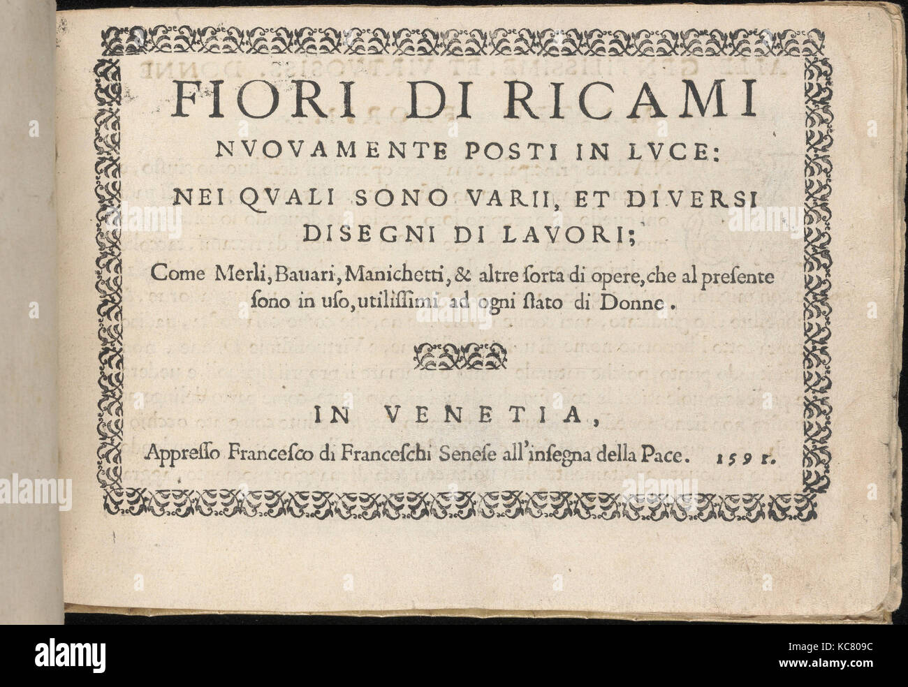 Fiori di Ricami Nuovamente Posti in Luce, 1591, Woodcut, Overall: 5 1/2 x 7 7/8 in. (14 x 20 cm), Designed by Matteo Florimi Stock Photo