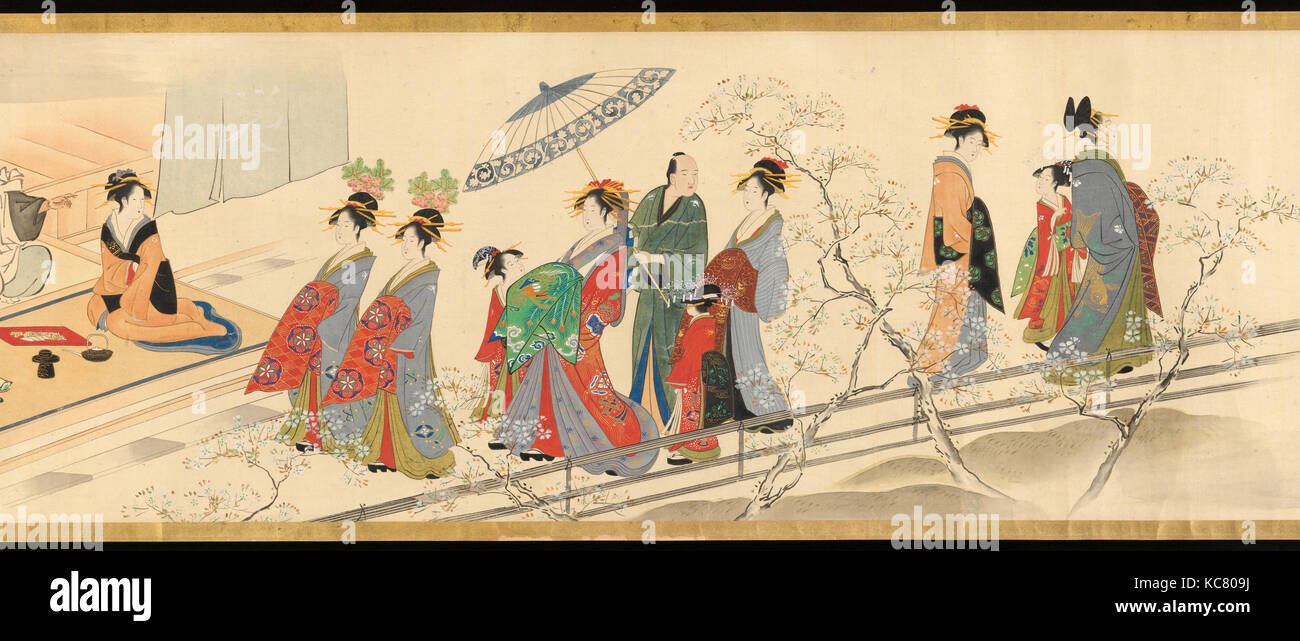 三幅神吉原通い図巻 「全盛季春遊戯」, Three Gods of Good Fortune Visit the Yoshiwara; or “Scenes of Pleasure at the Height of Spring Stock Photo