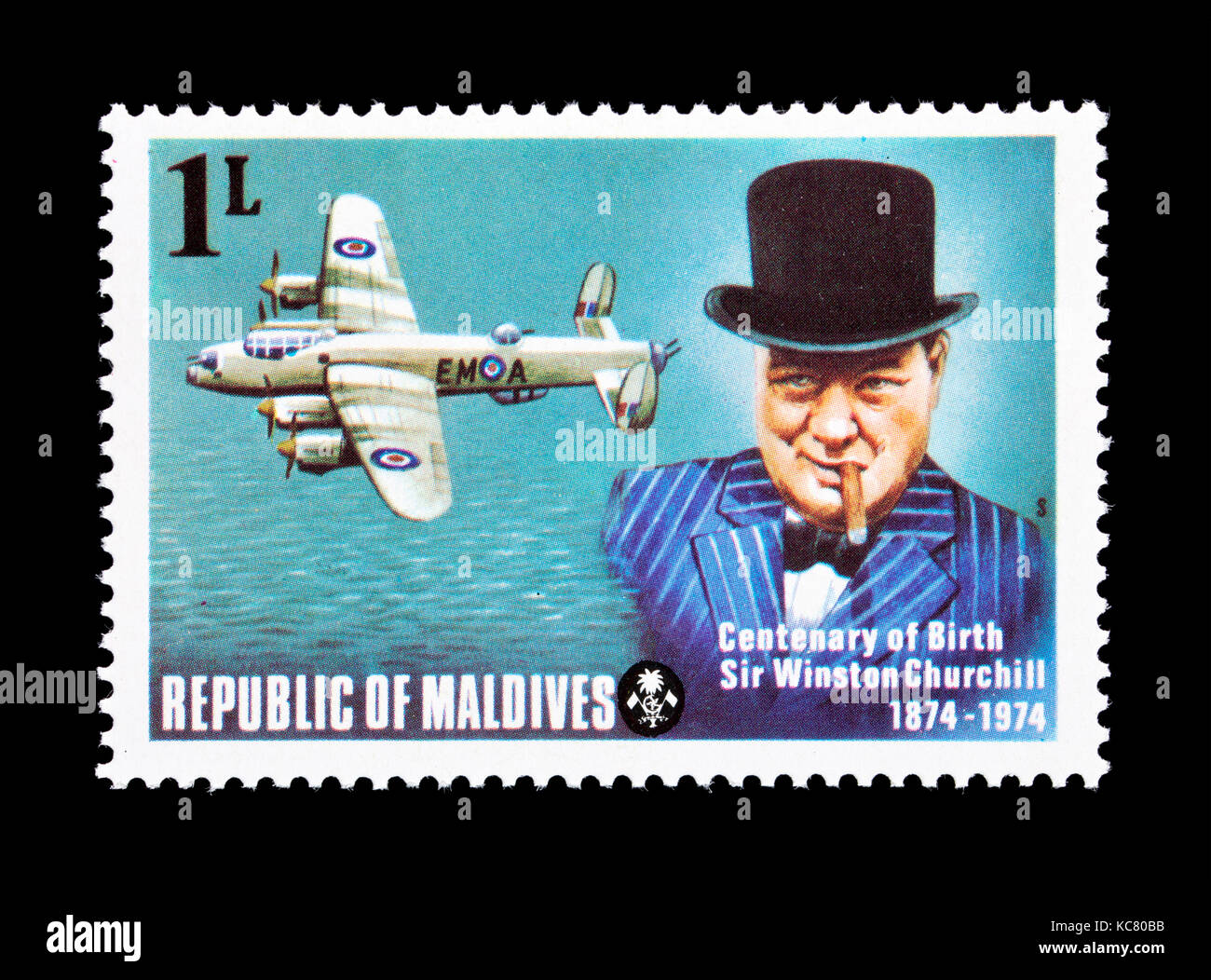 Postage stamp from the Maldives depicting  Winston Churchill and a World War 2 airplane, centennial of birth. Stock Photo