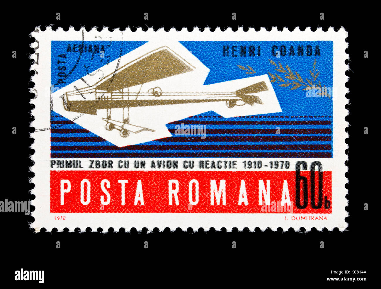 Postage stamp from Romania depicting Henri Coanda's model plane, 60th anniversary of his first flight. Stock Photo