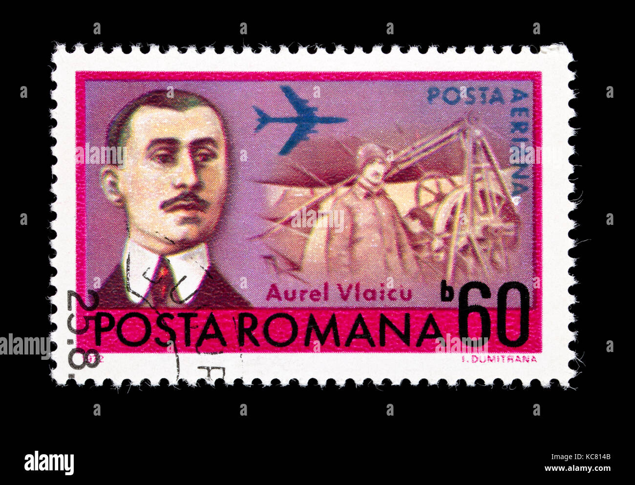 Postage stamp from Romania depicting Aurel Vlaicu and monoplane, Romanian aviation pioneer. Stock Photo