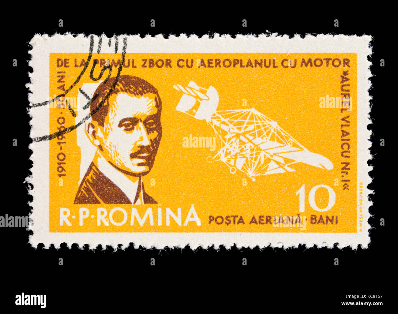Postage stamp from Romania depicting Aurel Vlaicu and his plane of 1910, 50'th anniversary of the first Romanian flight. Stock Photo