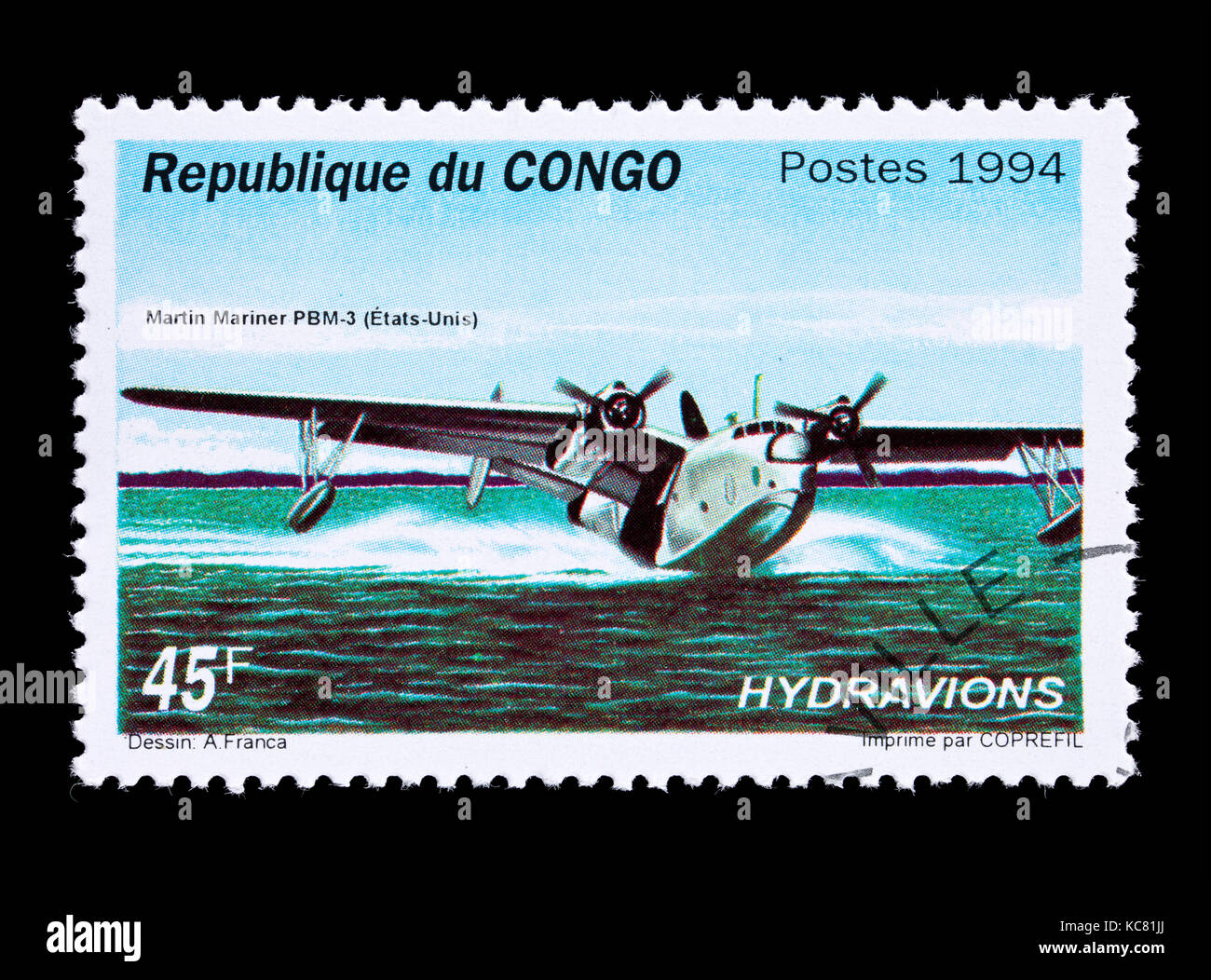 Postage stamp from Congo depicting a Martin Mariner PBM-3 seaplane from the United States. Stock Photo