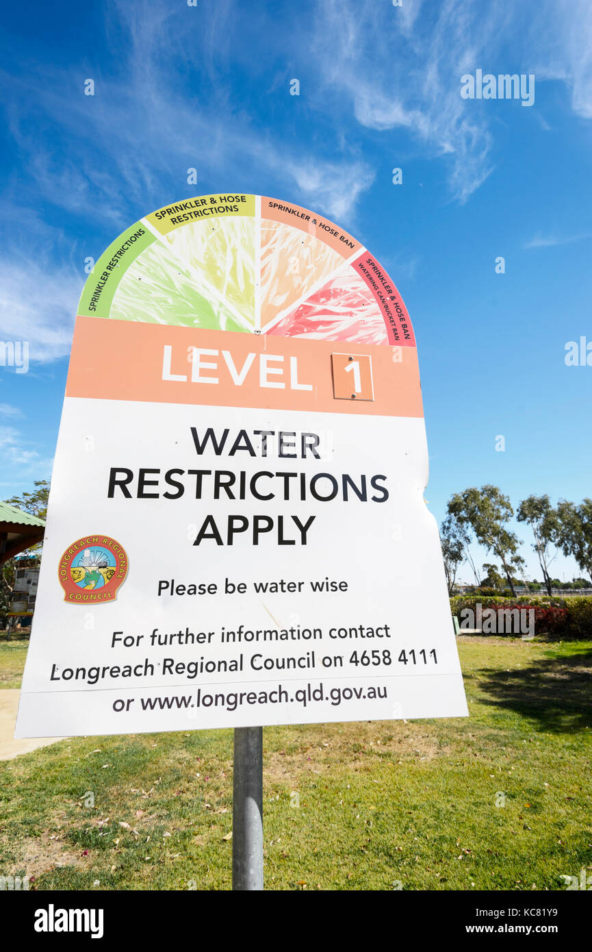 Sign showing water restrictions level at Longreach which has had a
