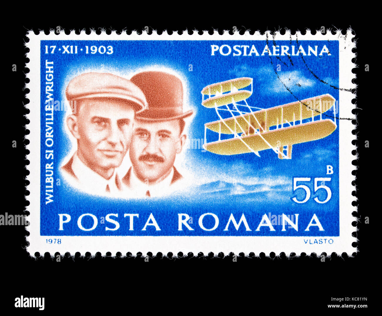 Postage stamp from Romania depicting Wilbur and Orville Wright and their Flyer A airplane. Stock Photo