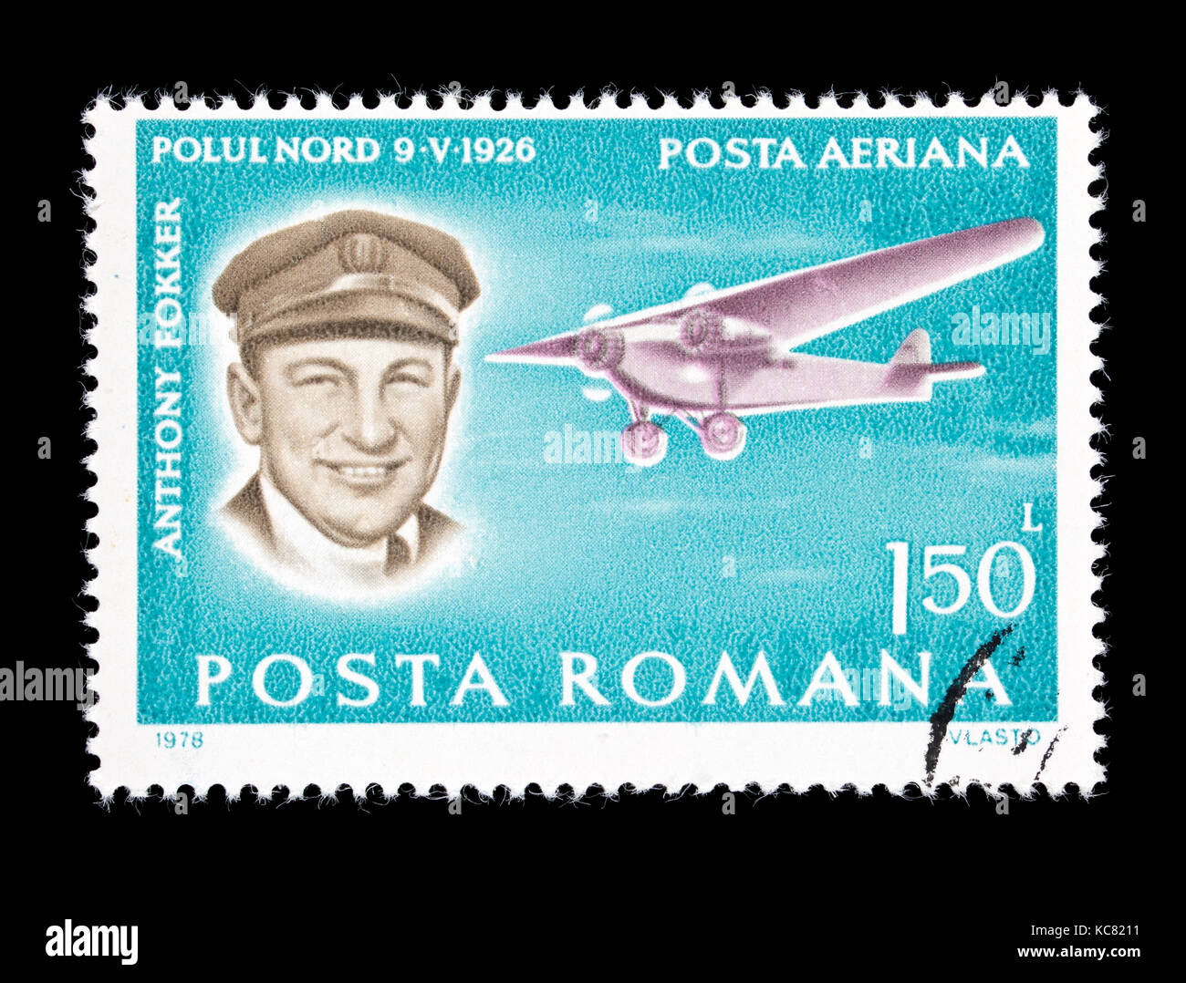 Postage stamp from Romania depicting Anthony Fokker and the Fokker F-VII trio Toronto  monoplane from 1937 Stock Photo