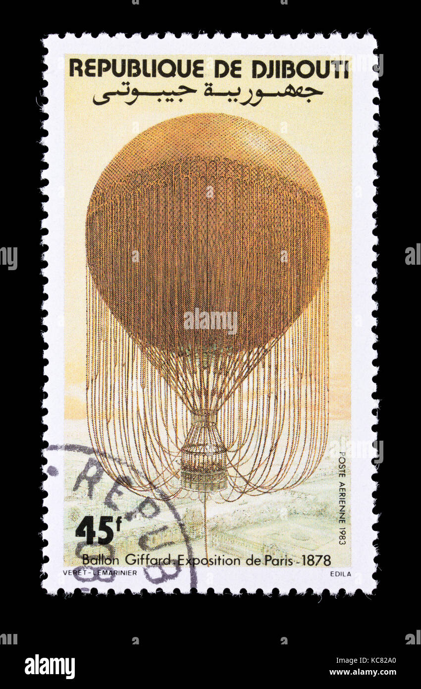 Postage stamp from Djibouti depicting Giffard's Balloon at the Paris Exhibition, 1878, bicentennial of manned flight. Stock Photo