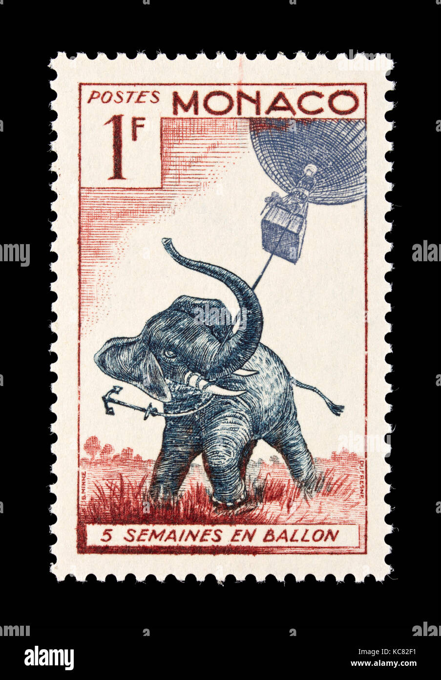 Postage stamp from Monaco depicting an elephant and a balloon, scene from a Jules Verne book 'Five Weeks in a Balloon' Stock Photo