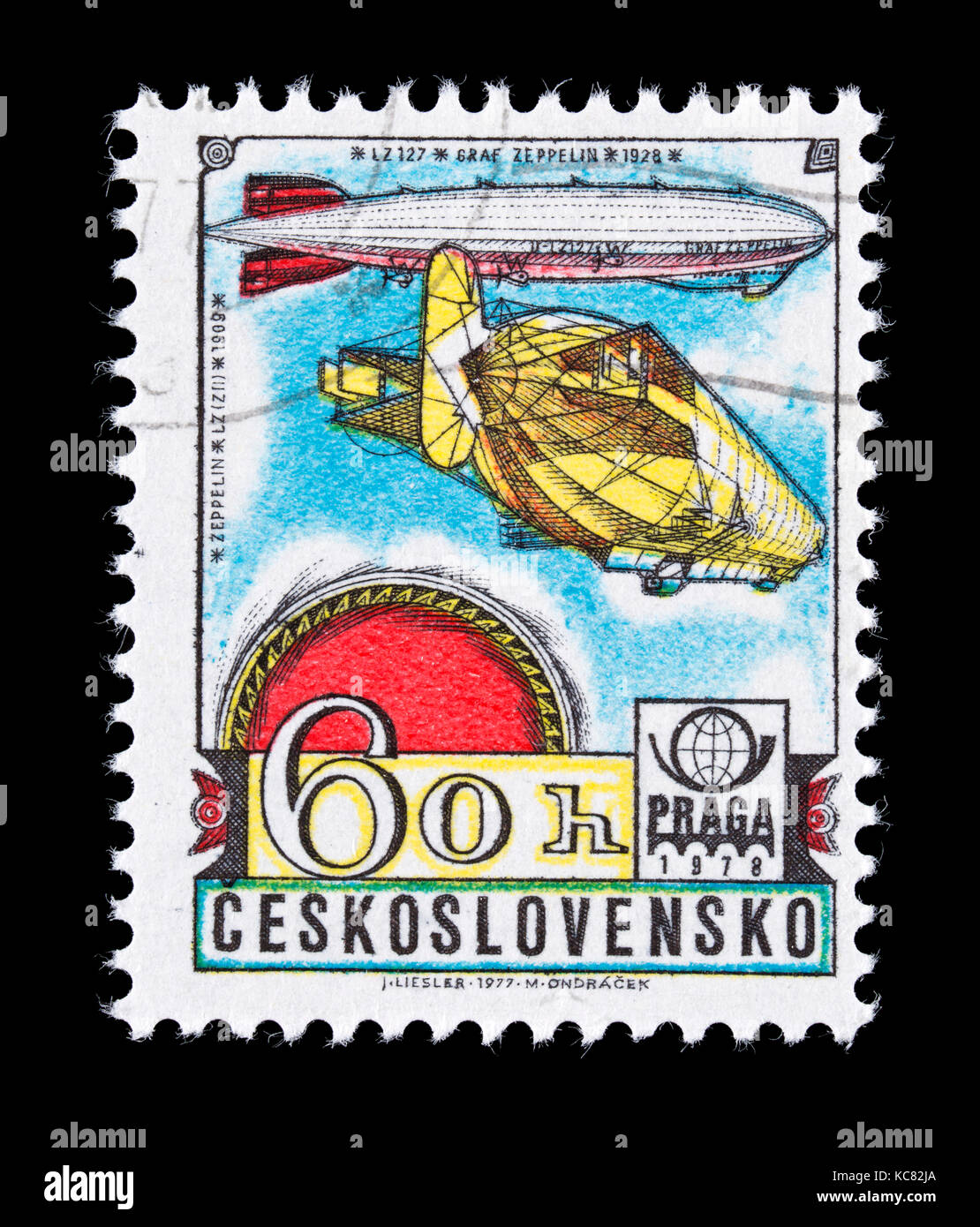 Postage stamp from Czechoslovakia depicting zeppelins from 1909 and 1928, issued for PRAGA '78. Stock Photo