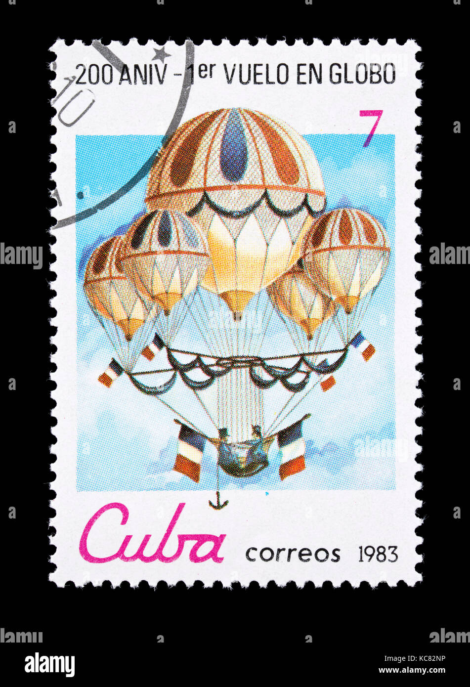 Postage stamp from Cuba depicting a hot air balloon, bicentennial of