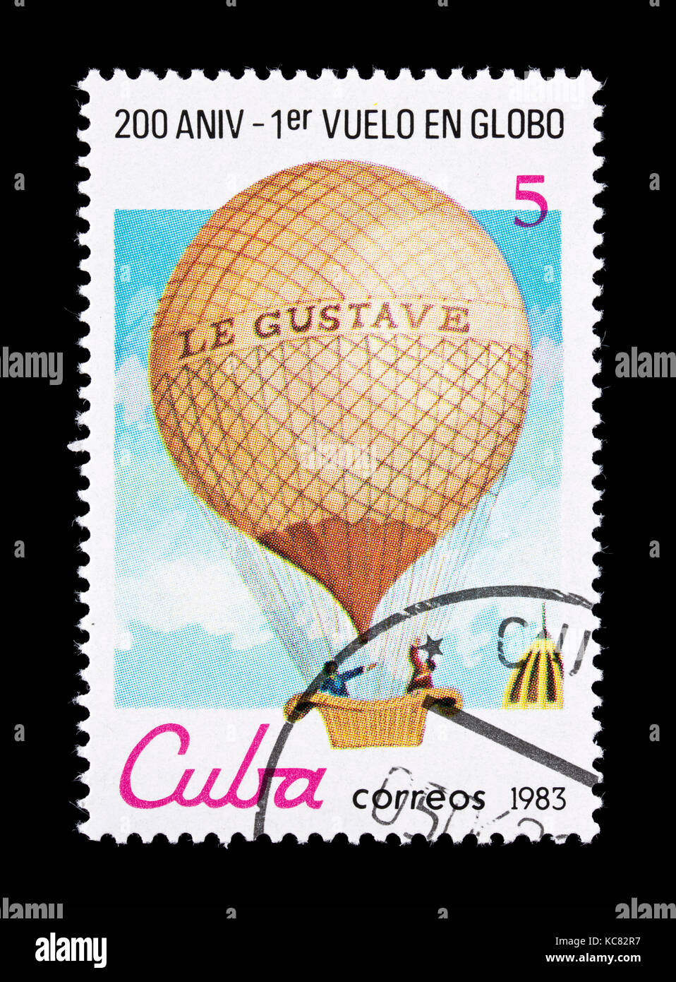 Postage stamp from Cuba depicting a hot air balloon, bicentennial of