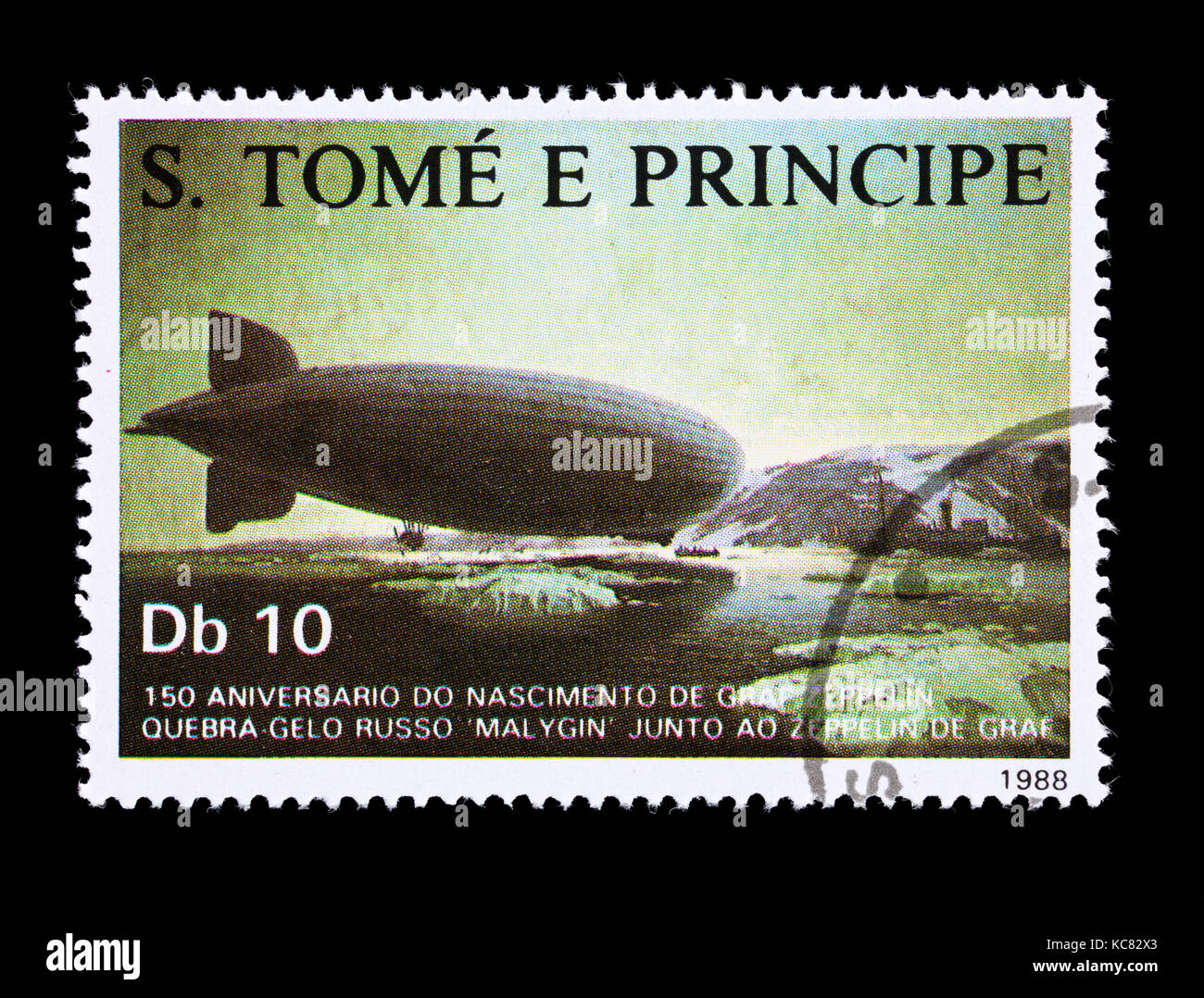 Saint Thomas and Prince Islands stamp, rendezvous of zeppelin with Russian ice breaker Malygin 150th anniversary of birth of Ferdinand von Zeppelin. Stock Photo