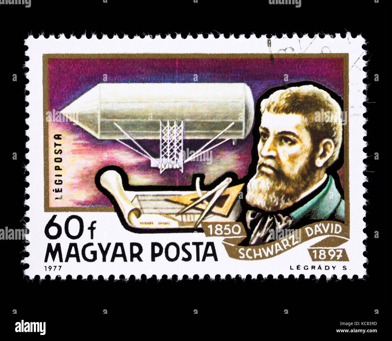 Postage stamp from Hungary depicting David Schwartz and his airship. Stock Photo