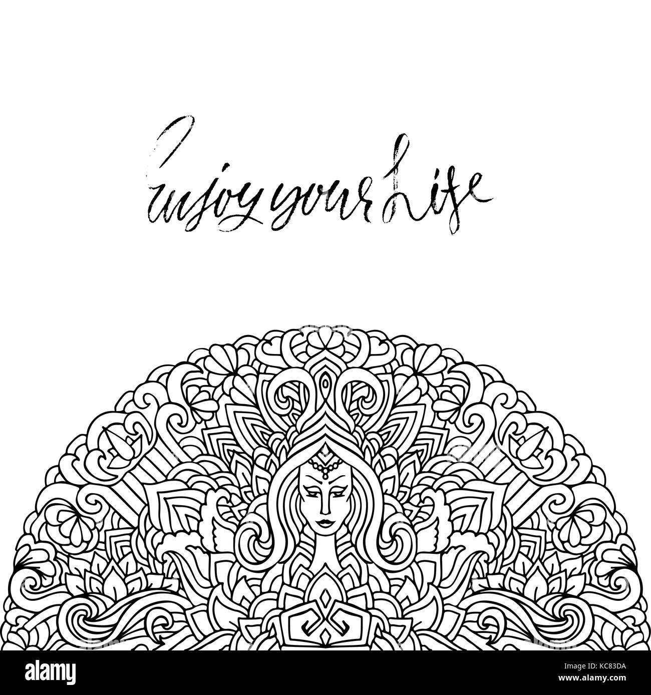 Hand lettered inspirational quote. Enjoy your life. Hand brushed ink lettering. Modern brush calligraphy. Abstract mandala ornament. Asian pattern.Vector illustration. Stock Vector