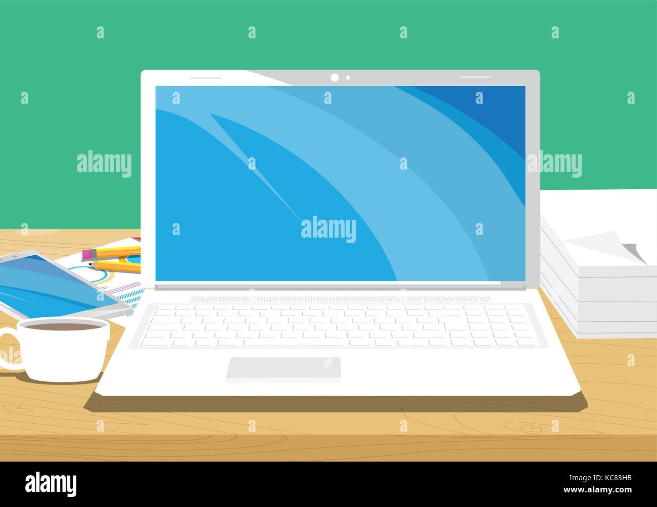 A Cartoon Businessman Working And Writing Behind His Desk In An