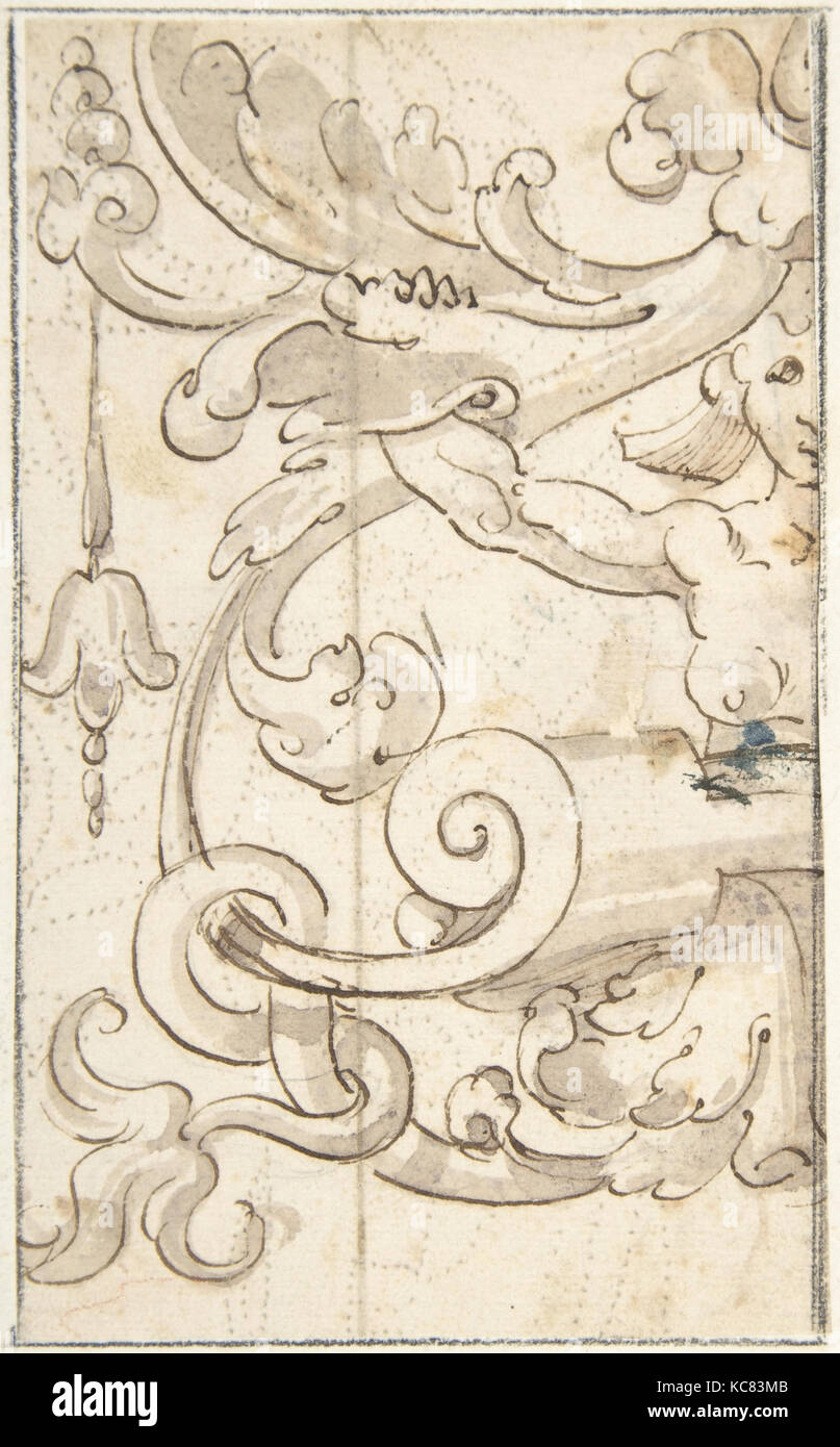 Fragment of Ornamental Drawing after the Antique; Half-harpy with Acanthus Rinceaux, Andrés de Melgar, 16th century Stock Photo