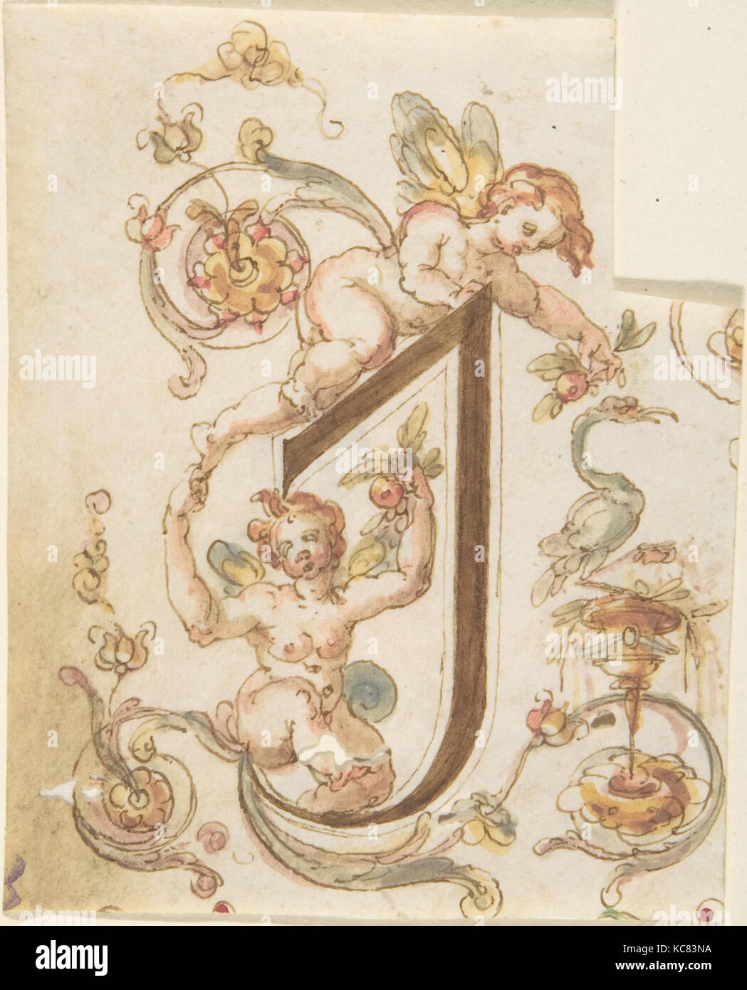 Decorative Letter 'I' with Putti (Embroidery Design?), Anonymous, Italian, 16th century Stock Photo