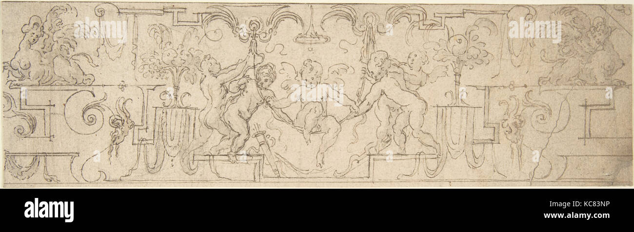 Decorative Frieze with Putti Playing on a Swing, Anonymous, Italian, 16th century Stock Photo