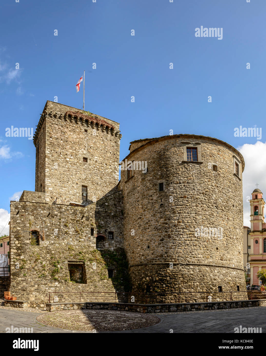 old picturesque stone castle in inland Ligurian village, shot in bright late summer light at Varese Ligure, Genova, Liguria, Italy Stock Photo