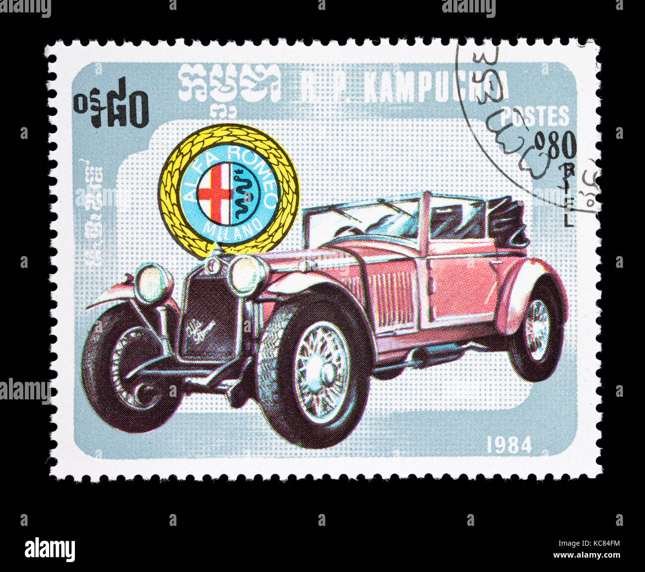 Postage stamp from Cambodia (Kampuchea) depicting a Alfa Romeo classic antique automobile. Stock Photo