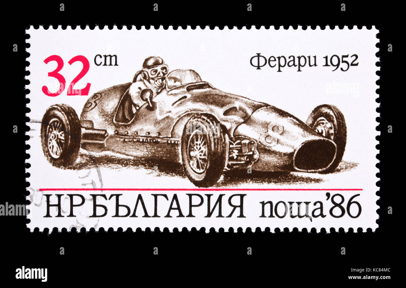 Postage stamp from Bulgaria depicting a 1952 Ferrari racing car Stock