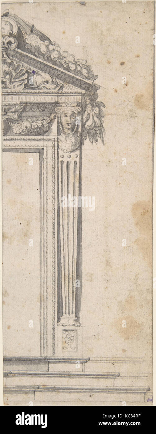 Design for the Right Side of a Door with Pediment and Fluted Pilasters, Anonymous, Italian, 17th century Stock Photo
