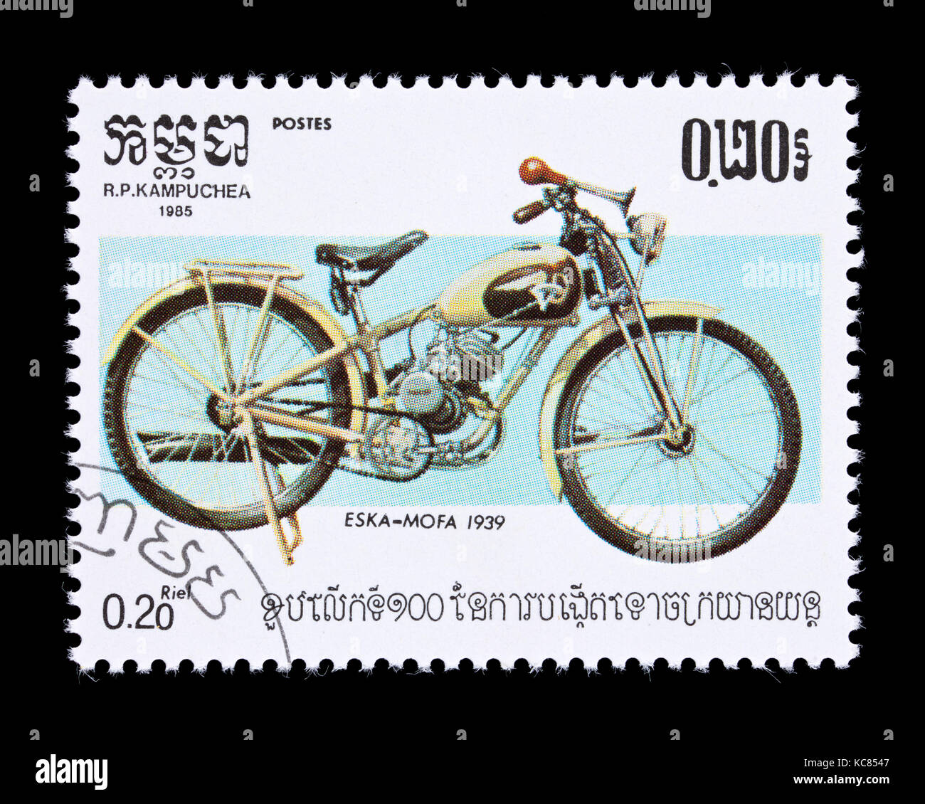 Postage stamp from Cambodia (Kampuchea) depicting a 1939 Eska-Mofa motorcycle Stock Photo