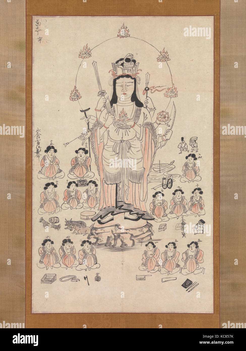 Benzaiten and Fifteen Attendants, 弁財天十五童子像, Kamakura period (1185–1333), 13th century, Japan, Hanging scroll; ink and color on Stock Photo