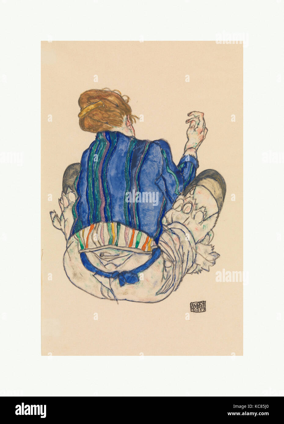 Seated Woman, Back View, 1917, Watercolor, gouache, and graphite on paper, 18 1/4 x 11 3/4 in. (46.4 x 29.8 cm), Drawings, Egon Stock Photo