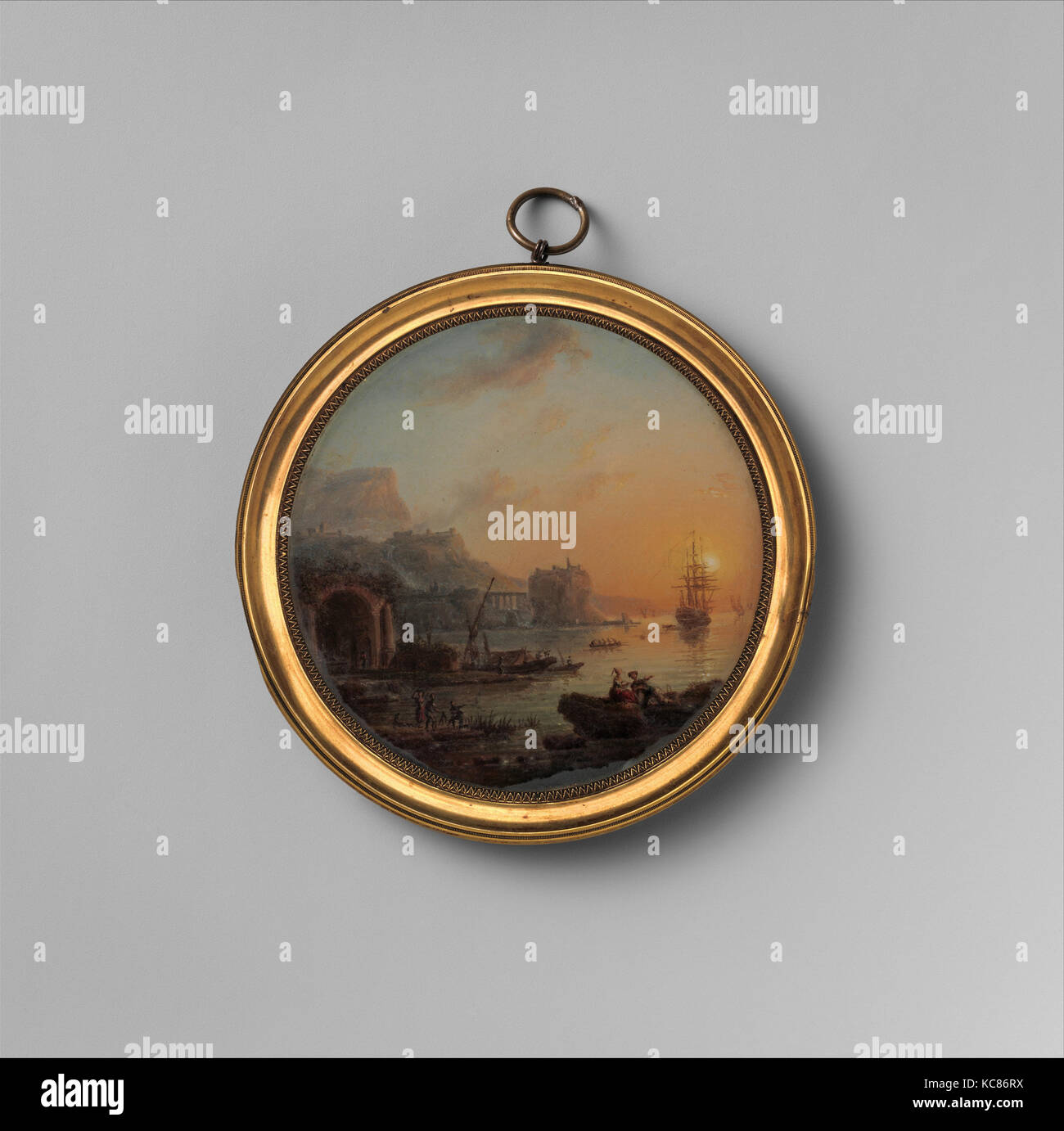 View of a Harbor, Verre fixé, Diameter 3 1/8 in. (80 mm), Miniatures, French Painter (ca. 1750 Stock Photo