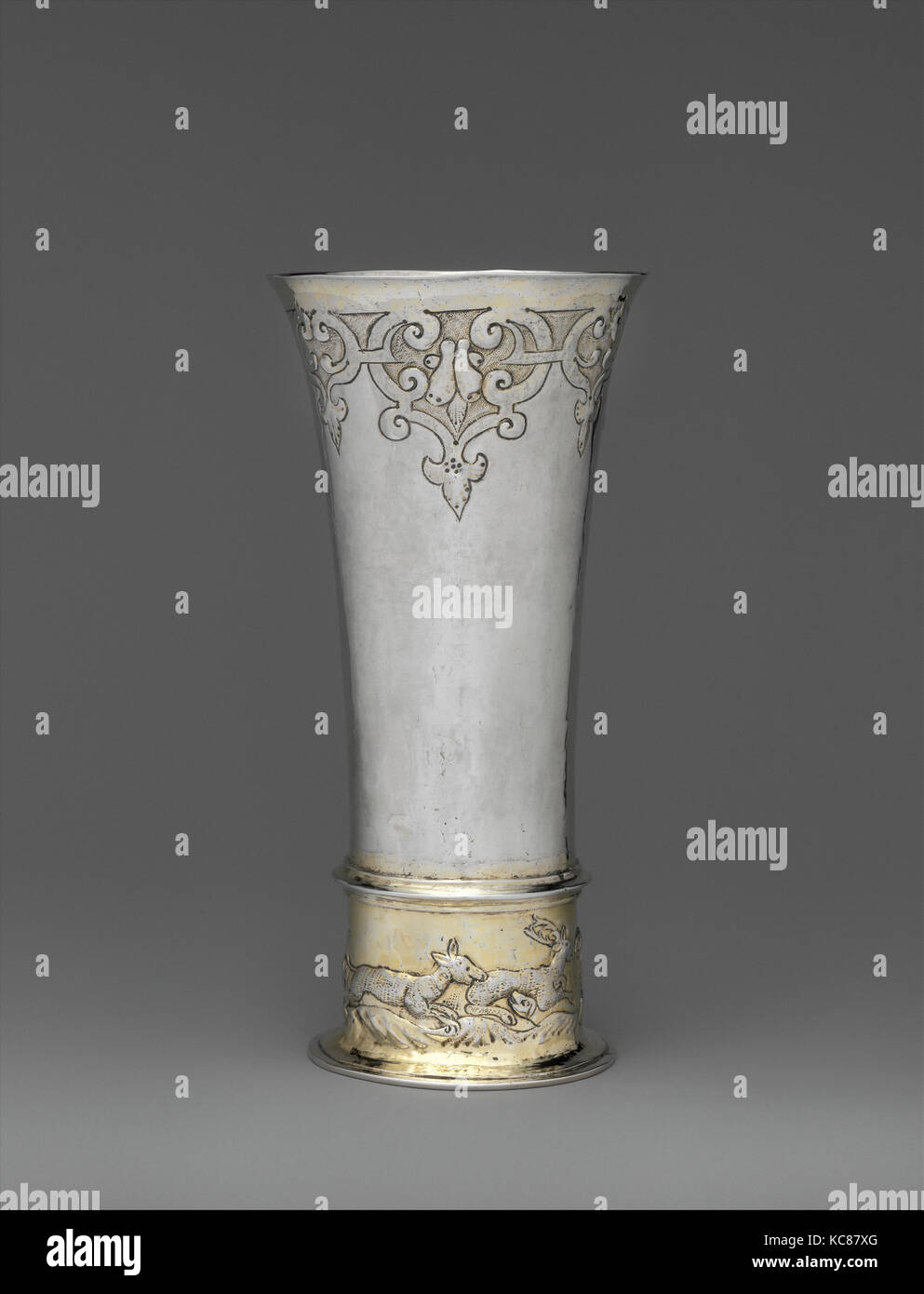 Footed beaker, mid-17th century, Hungarian, Brassó, Silver, partly gilded, Overall: 7 3/16 x 3 9/16 in. (18.3 x 9 cm), Metalwork Stock Photo