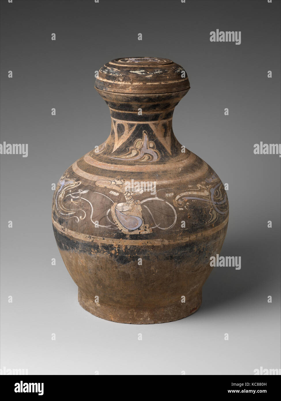 Covered Jar (Hu), Western Han dynasty (206 B.C.–A.D. 9), 2nd–1st century B.C., China, Earthenware with painted decoration, H. 18 Stock Photo