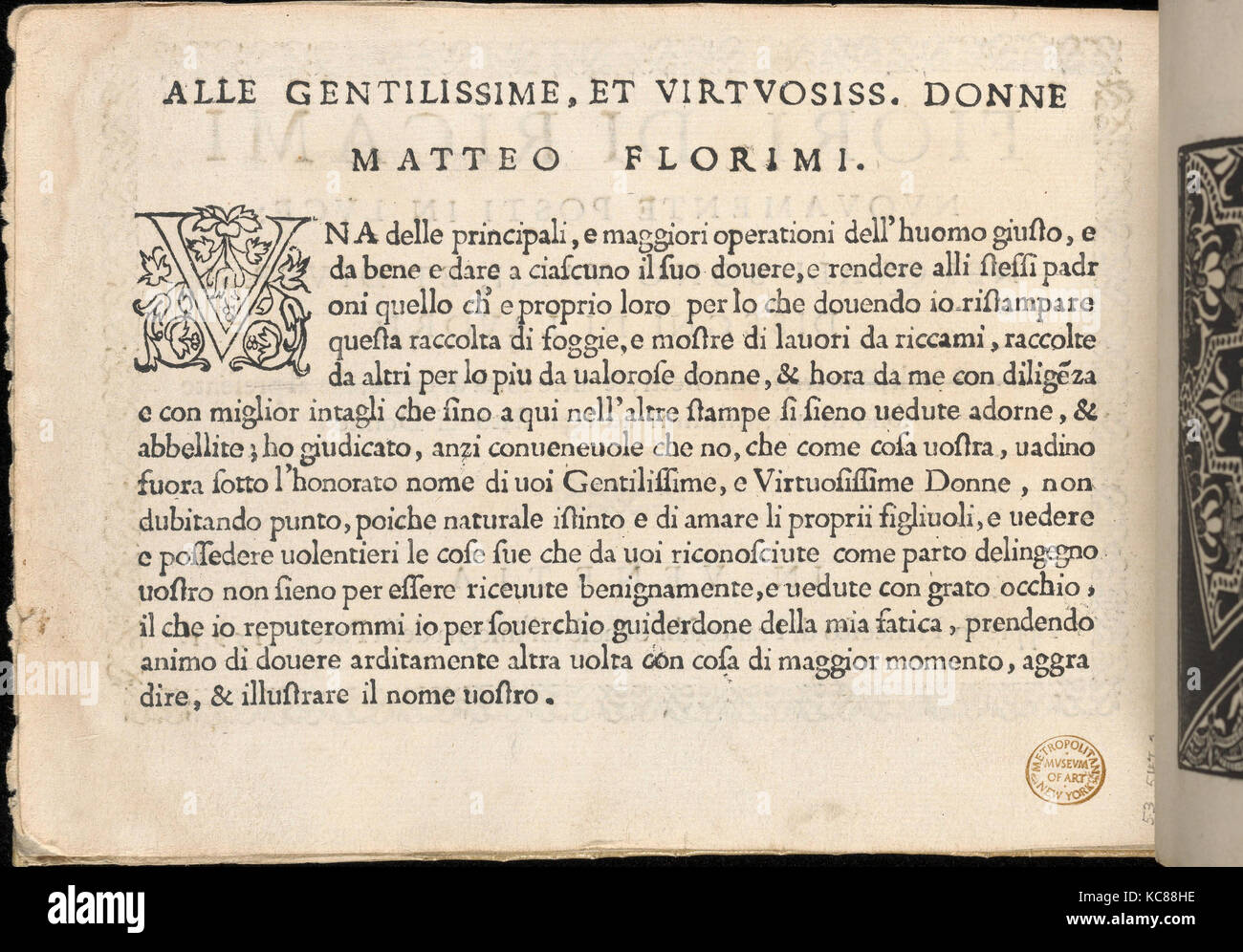 Fiori di Ricami Nuovamente Posti in Luce, title page (verso), 1591 Stock Photo