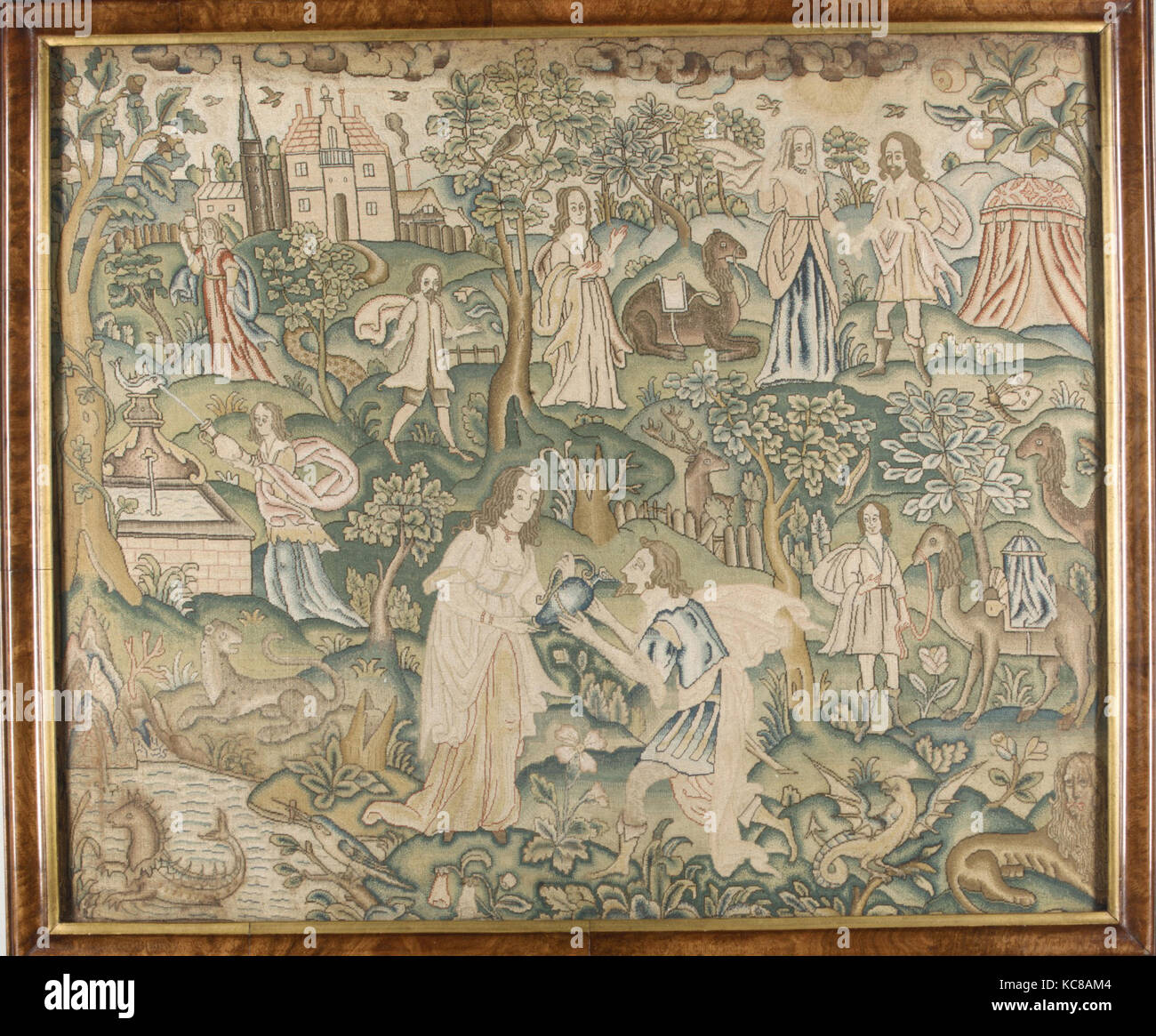 Eliezer and Rebecca, mid-17th century, British, Silk on canvas, H. 17 1/4 x W. 20 3/4 inches (43.8 x 52.7 cm); Framed: H. 19 1/2 Stock Photo