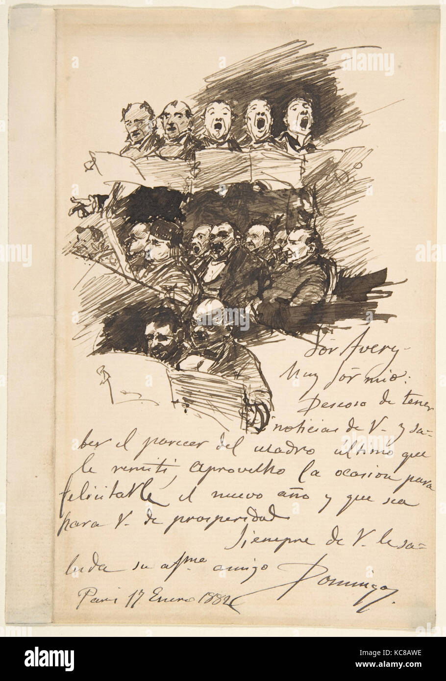 Men singing, 1882, Pen and ink, brush and wash, sheet: 7 1/8 x 5 in. (18.1 x 12.7 cm), Drawings, Francisco Domingo y Marqués Stock Photo