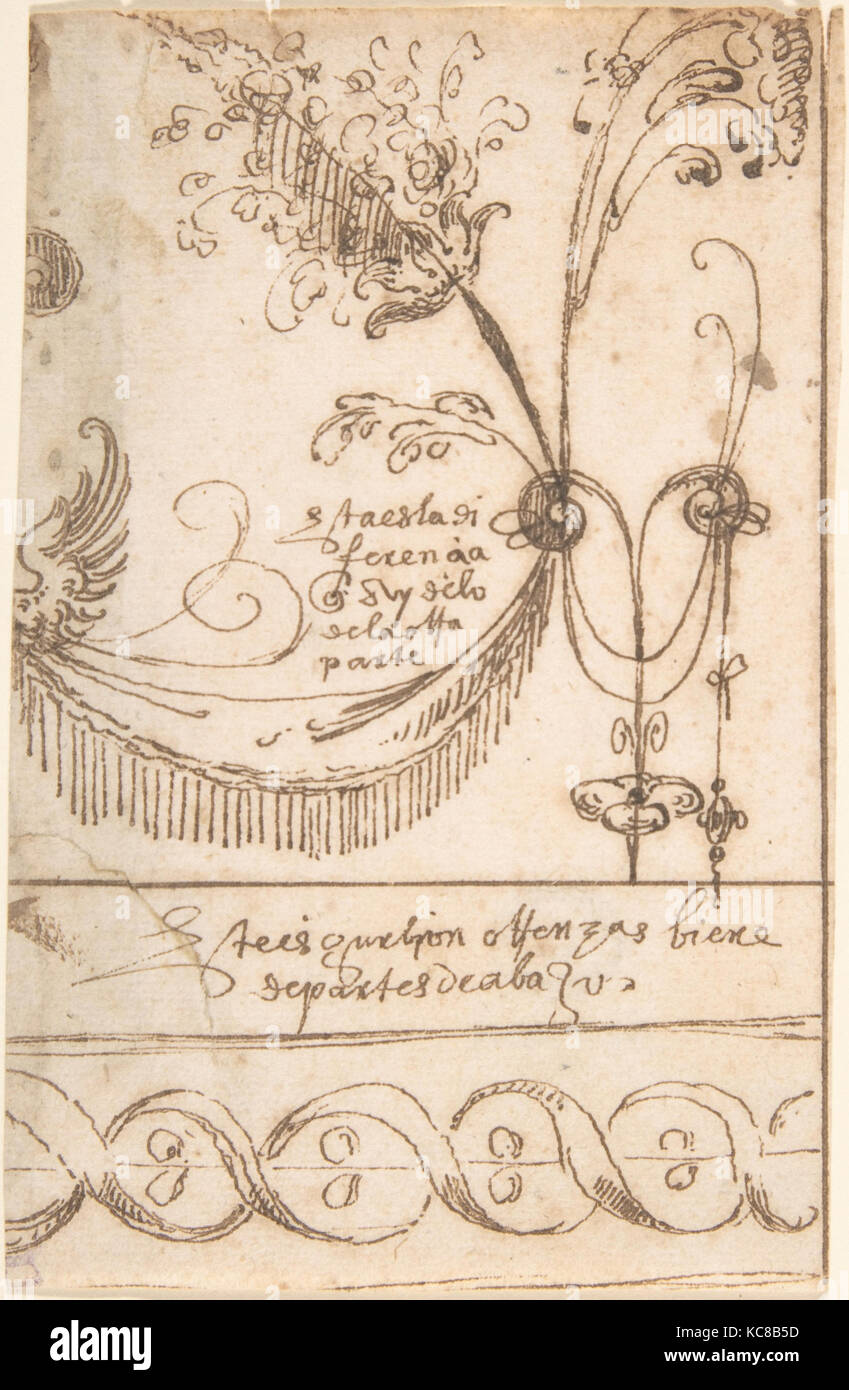 Design for Grotesque Ornament, with Fragment of Border Decoration Below, attributed to Andrés de Melgar, ca. 1545–60 Stock Photo