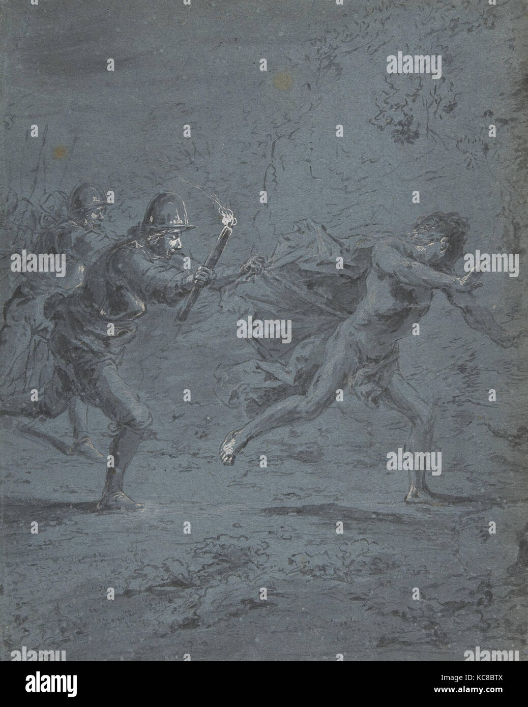 Night scene with soldiers chasing a fugitive (Mark XIV, 5-52), Leonaert Bramer, 1611–74 Stock Photo