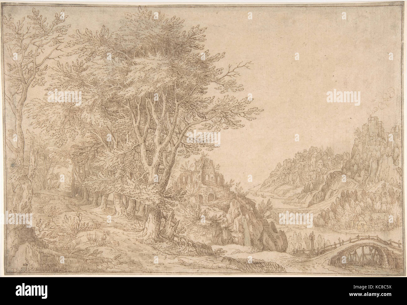 Wooded Landscape with a River, Castle, and Town Beyond, Denis van Alsloot, 1611 Stock Photo