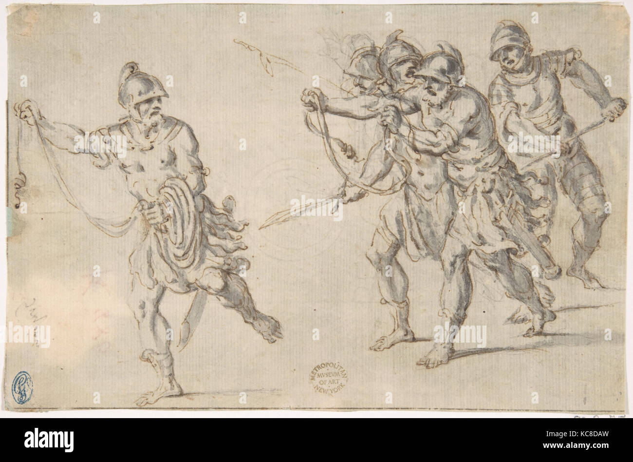 Soldiers Running, 16th century, Pen and brown ink, brush and gray wash over black chalk on cream paper. Fragmentary ruled Stock Photo