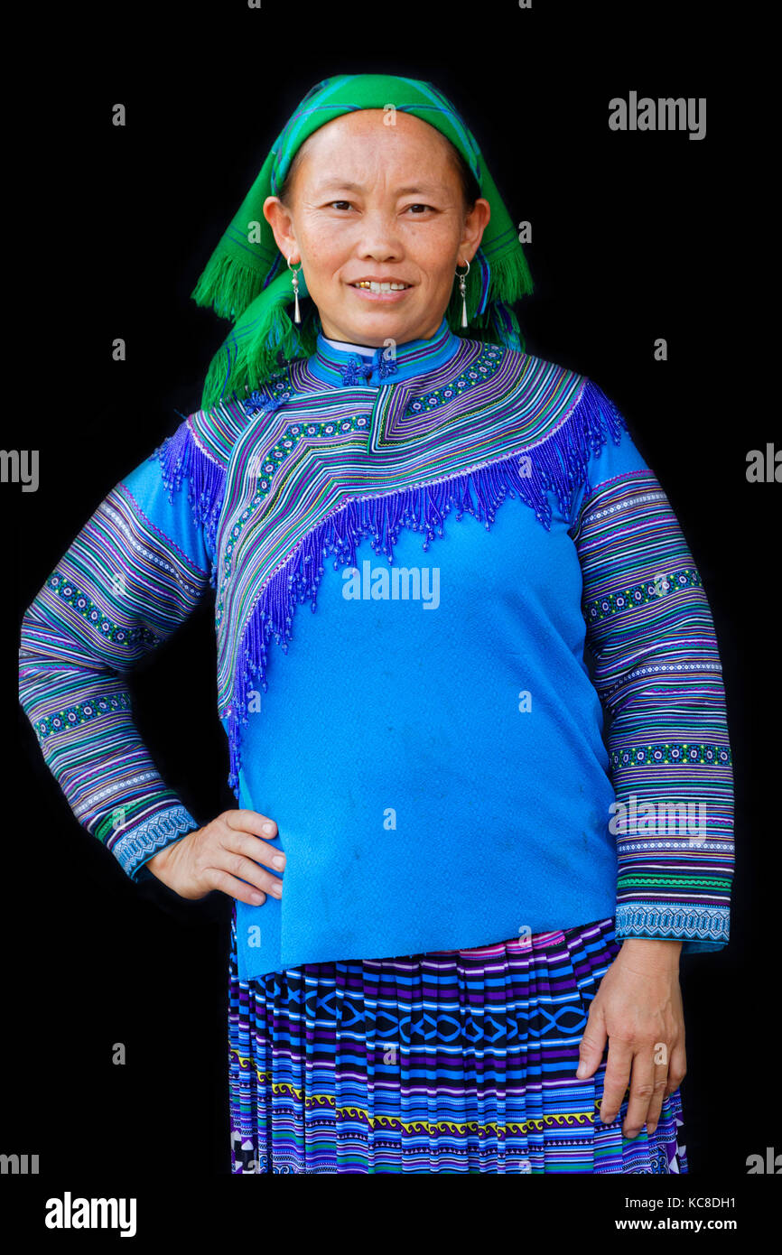 SIN CHENG, VIETNAM, October 26, 2016 : Woman in blue. Women of North Vietnam mountains wear their best traditional clothes when going to the village f Stock Photo