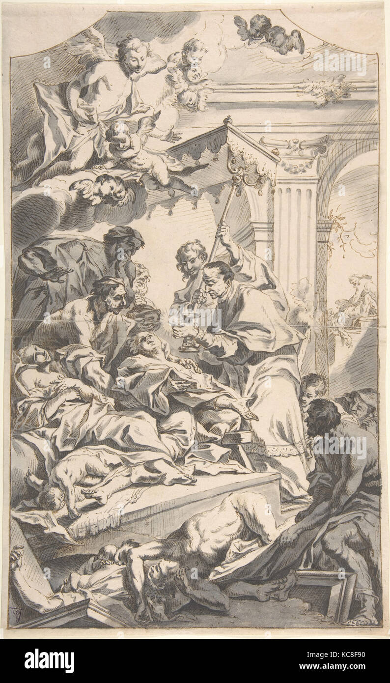 Saint Carl Borromäus Giving Extreme Unction to the Plague-Stricken., Johann Daniel Herz the Elder, 1700–1754 Stock Photo