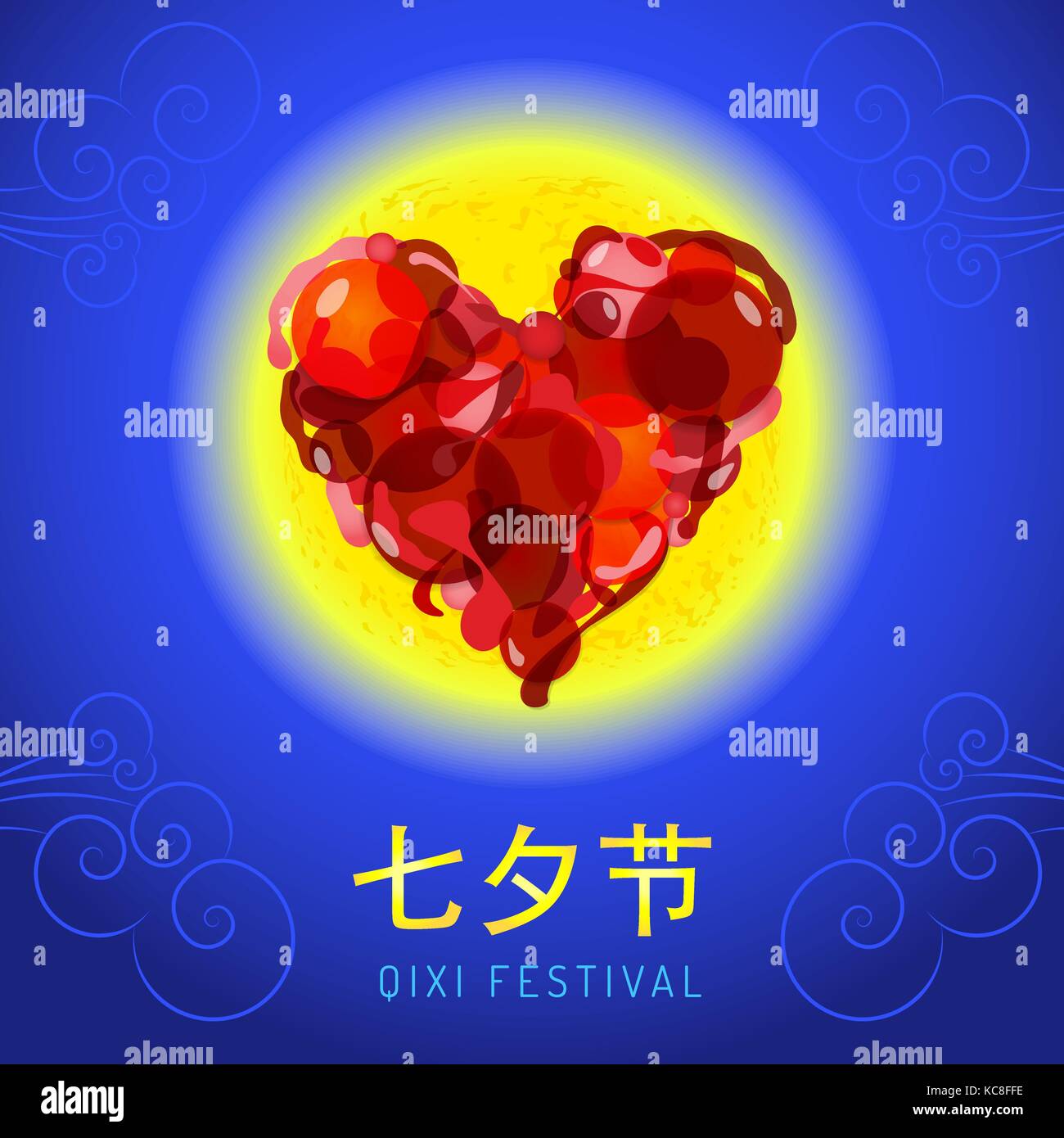 vector colorful Qixi postcard design traditional Chinese character Qiqiao festival poster with clouds and moon with loving heart illustration blue bac Stock Vector