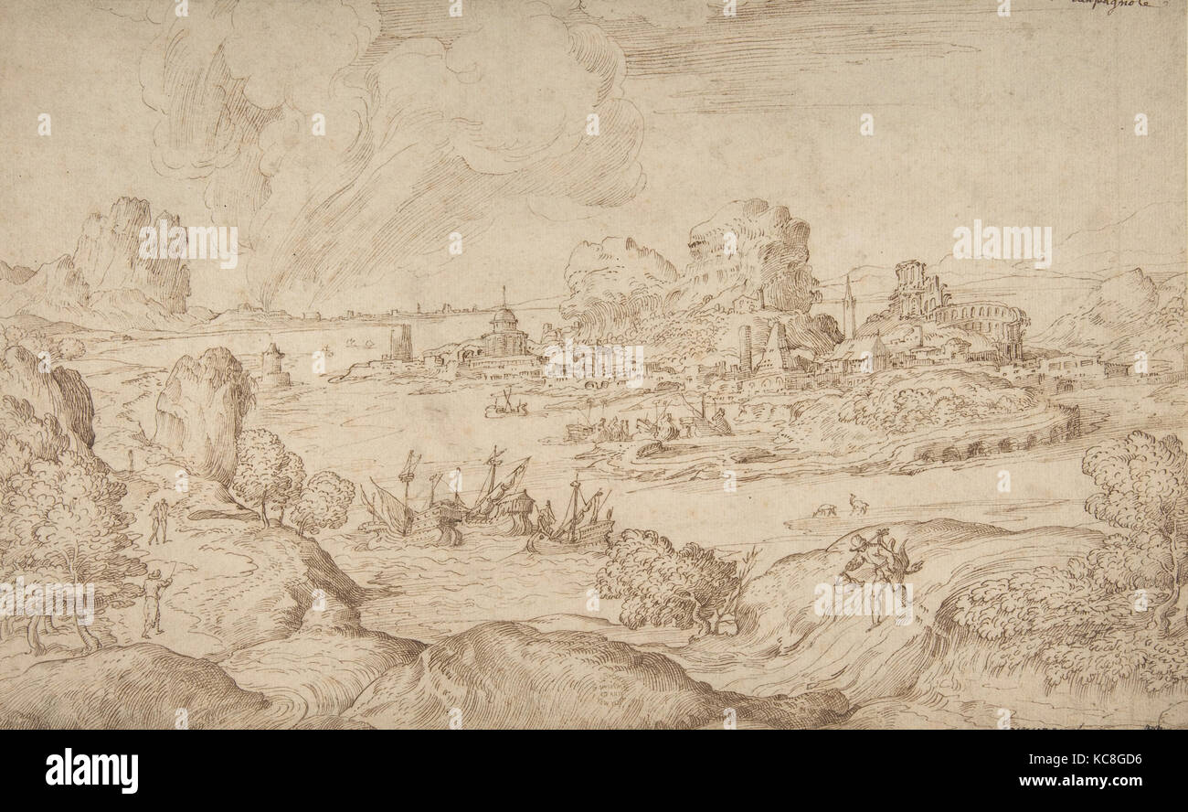 Imaginary Coastal Landscape with Ruins, Domenico Campagnola, 1500–1564 Stock Photo