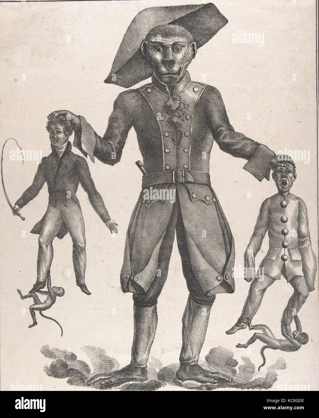 A Giant Monkey in Uniform Holding up Pierrot and a Man with a Whip, Anonymous, French, Austrian or German Stock Photo