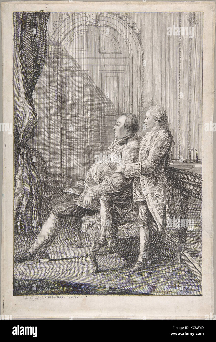 Portrait of Louis-Philippe, Duc d'Orleans and His Son Louis-Phillipe Joseph, Duc de Chartres, Louis de Carmontelle, 1759 Stock Photo