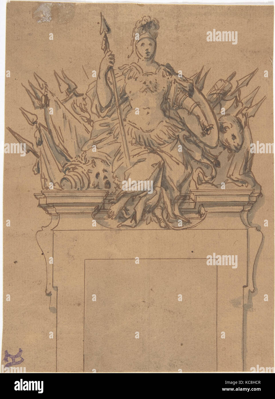 Design for an Overdoor or Chimney Piece with an Armorial Trophy and the Figure of Minerva, Anonymous, French, 18th century Stock Photo