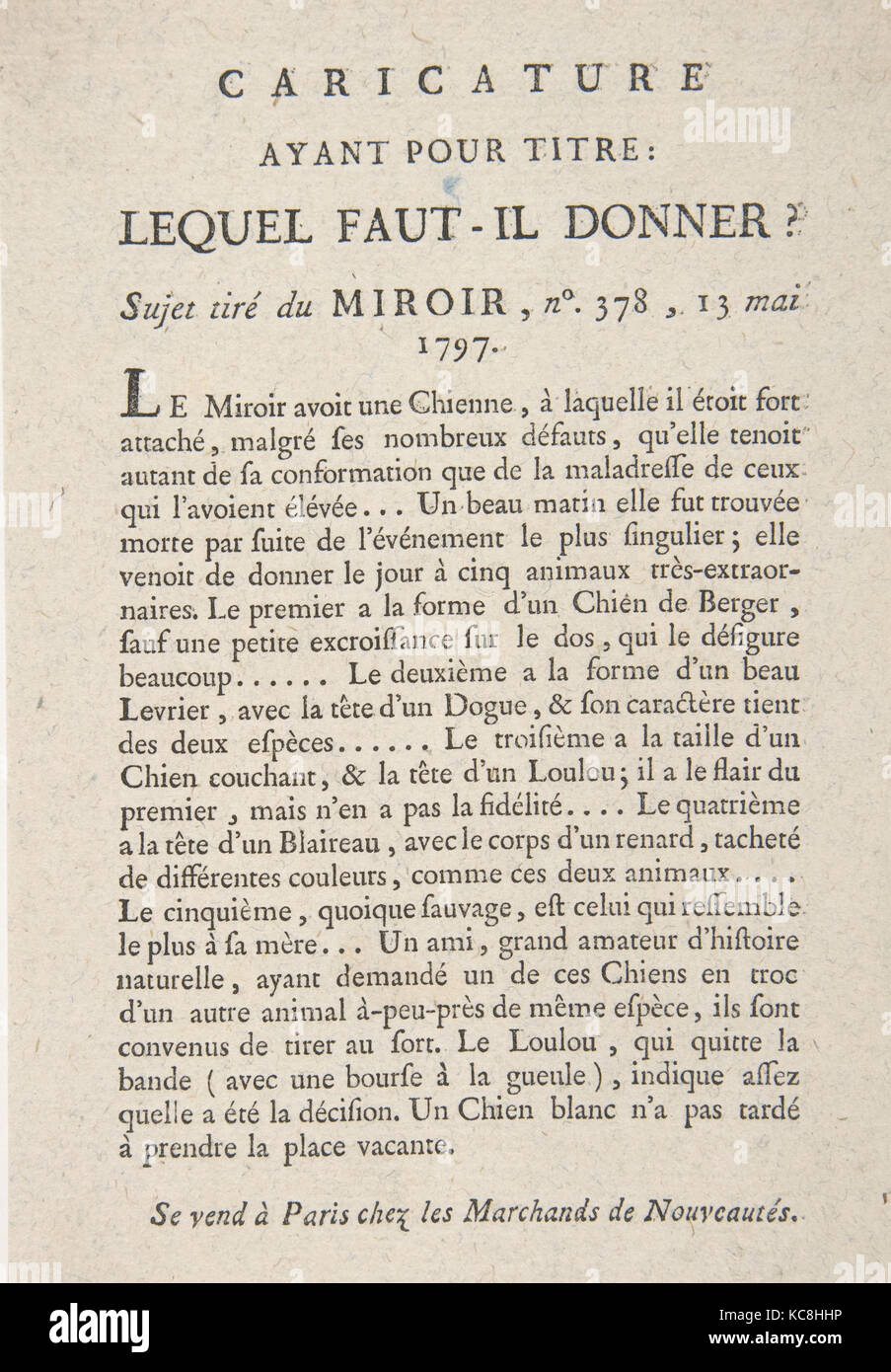 Caricature, Ayant Pour Titre: Lequel Faut-il Donner?, Sujet tiré du Miroir, no. 378, 13 Mai, 1797, 1797 Stock Photo