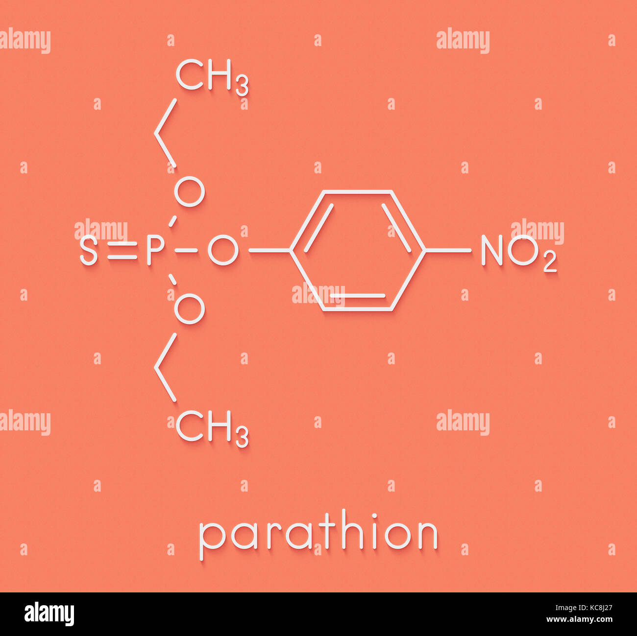 Parathion pesticide molecule. Organophosphate insecticide, has also used as chemical weapon. Skeletal formula. Stock Photo