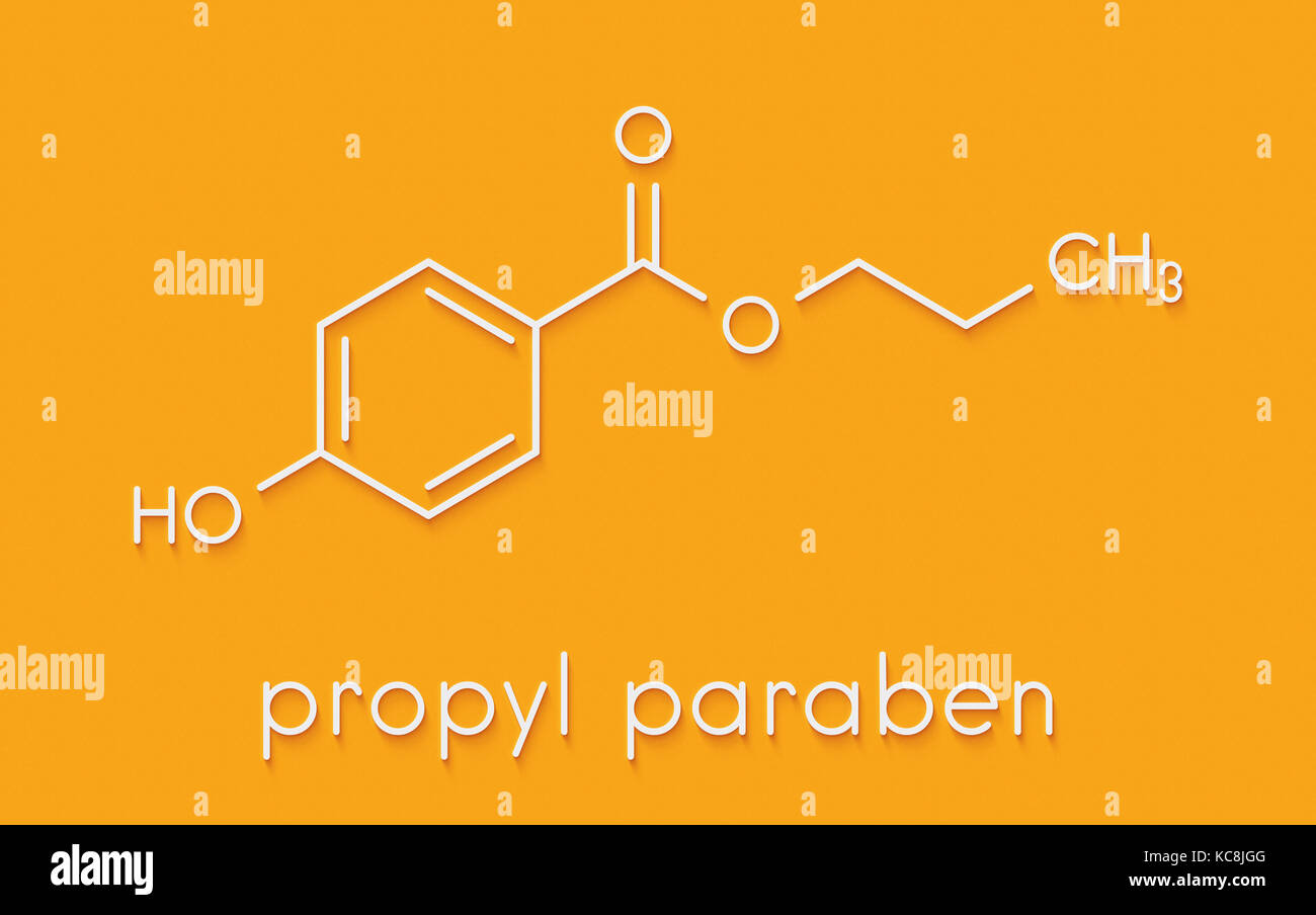 Propyl paraben preservative molecule. Used in food and cosmetics. Skeletal formula. Stock Photo