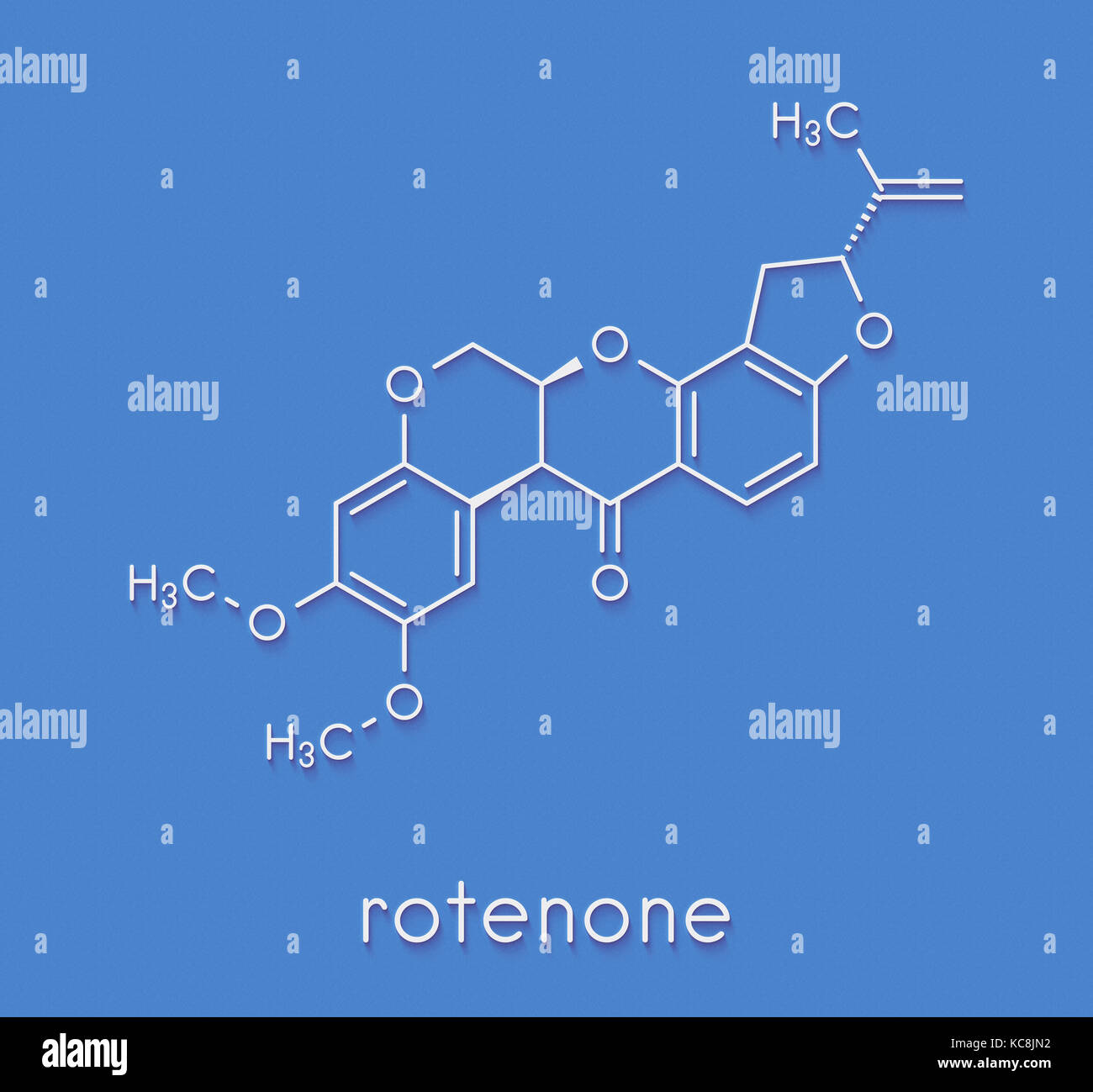 Rotenone broad-spectrum insecticide molecule. Also linked to development of Parkinson’s disease. Skeletal formula. Stock Photo